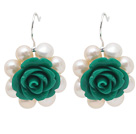 Fashion Style White Freshwater Pearl and Green Acylic Flower Earrings