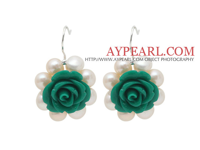 Fashion Style blanc perle d'eau douce et vert Boucles d'oreilles fleur Acylic