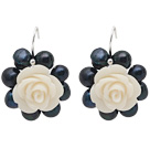 Fashion Style Black Freshwater Pearl and White Acylic Flower Earrings