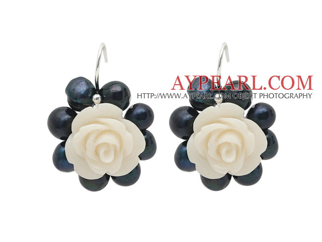 Fashion Style noir perle d'eau douce et blanc Boucles d'oreilles fleur Acylic