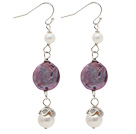 Long Style White Freshwater Pearl and Purple Coin Pearl Dangle Earrings