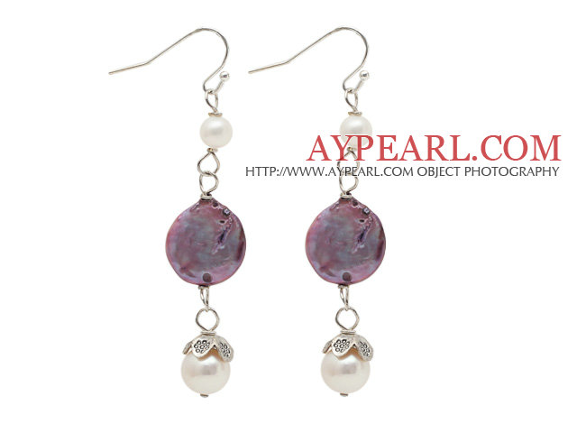 Long Style White Freshwater Pearl and Purple Coin Pearl Dangle Earrings