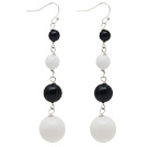 Long Style Black Freshwater Pearl and White Porcelain Stone Beaded Dangle Earrings