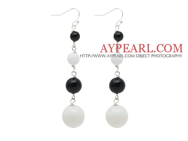 Long Style Black Freshwater Pearl and White Porcelain Stone Beaded Dangle Earrings