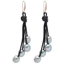 Dangle Style 10-11mm Gray Freshwater Pearl Leather Earrings with Black Leather