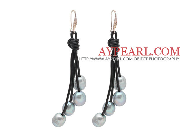 Dangle Style 10-11mm Gray Freshwater Pearl Leather Earrings with Black Leather