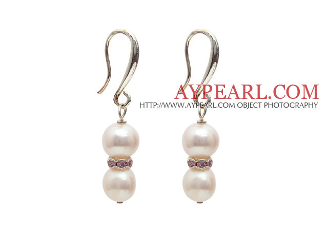 Dangle Style 9-10mm Natural White Freshwater Pearl Earrings with Rhinestone Spacer