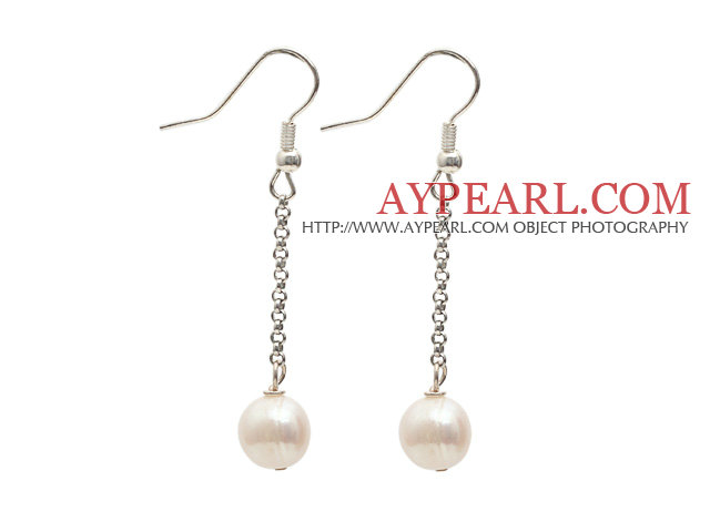 Dangle Style 9-10mm Natural White Freshwater Pearl Long Earrings with Fish Hook