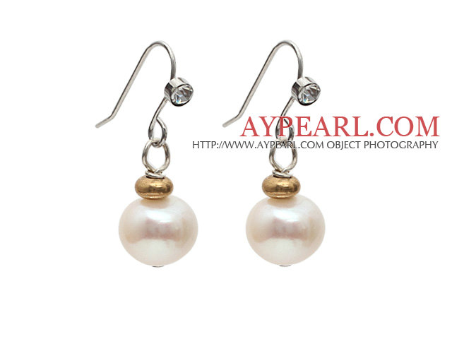 Simple Style 9-10mm Natural White Round Freshwater Pearl Earrings with Fish Hook