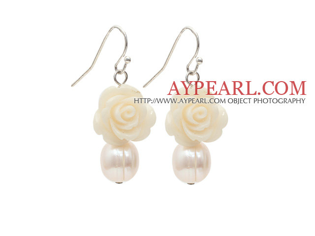 Natural White Freshwater Pearl and White Acrylic Flower Earrings with Fish Hook