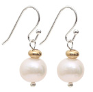 Natural Round 9-10mm White Freshwater Pearl Earrings with Golden Color Metal Beads