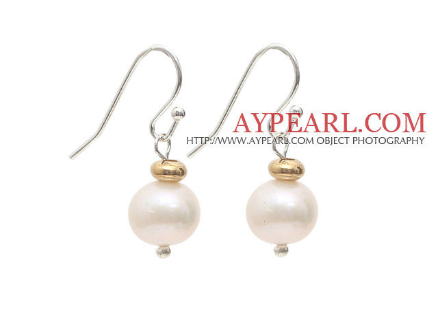 Natural Round 9-10mm White Freshwater Pearl Earrings with Golden Color Metal Beads