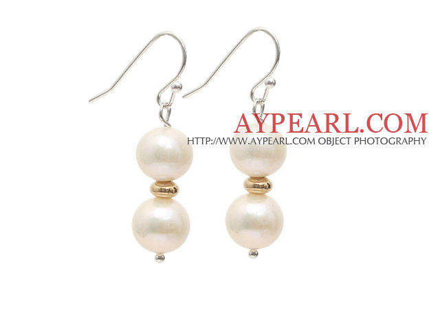 A Grade 9-10mm Natural White Freshwater Pearl Beaded Earrings with Golden Color Metal Beads