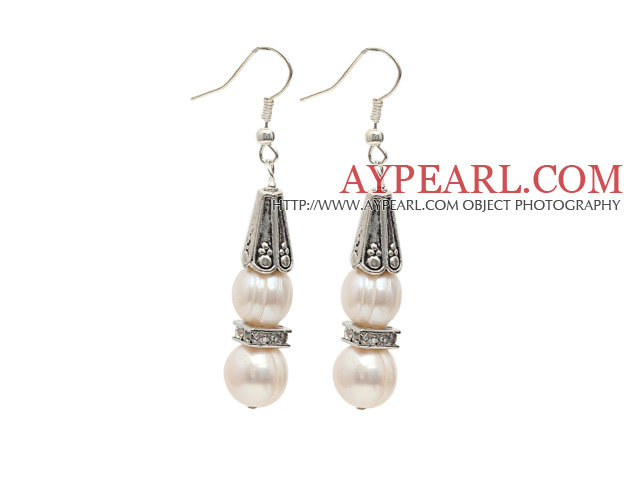 Natural White 10-11mm Freshwater Pearl Earrings with Rhinestone Spacer Accessories