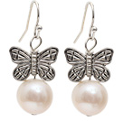 Simple Style 10-11mm Natural White Freshwater Pearl Earrings with Tibet Silver Butterfly Accessories