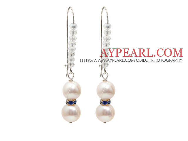 Mote stil Natural White Freshwater Pearl øredobber med Clear Crystal