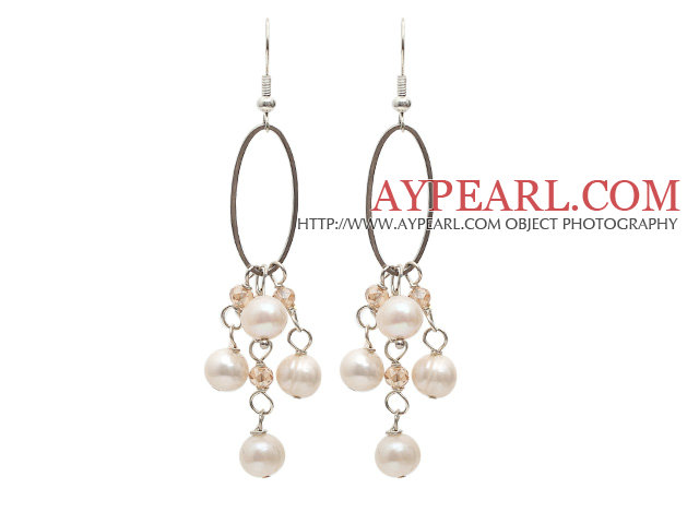 Fashion Style Vit Sötvatten Pearl Crystal Örhängen med Oval Hoop