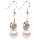 Fashion Style 9-10mm Natural White Freshwater Pearl Dangle Earrings with Rhinestone Ball