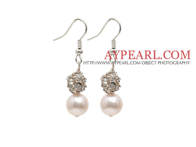 Fashion Style 9-10mm Natural White Freshwater Pearl Dangle Earrings with Rhinestone Ball