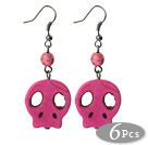 6 Pairs Simple Style Dyed Hot Pink Turquoise Skull Earrings with Fish Hooks