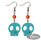 6 Pairs Simple Style Dyed Blue Color Turquoise Skull Earrings with Fish Hooks