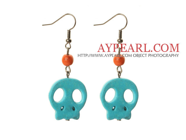 6 Pairs Simple Style Dyed Blue Color Turquoise Skull Earrings with Fish Hooks