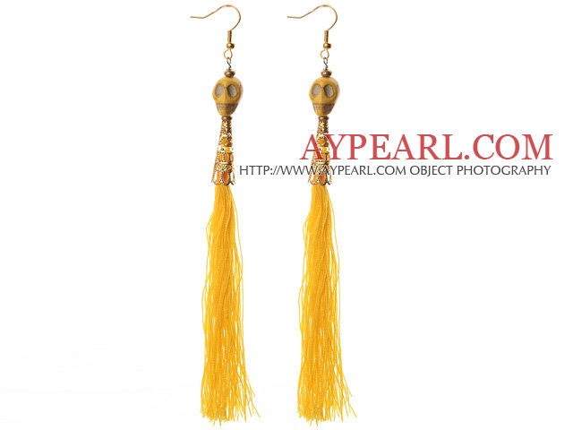 China Style Dyed Yellow Turquoise Skull and Yellow Thread Tassel Long Dangle Earrings