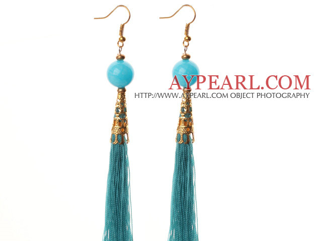 China Stil Lake Blue Süßigkeit Jade und blau Thread Tassel Lange Ohrringe baumeln