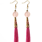 China Style Rose Quartz and Hot Pink Thread Tassel Long Dangle Earrings