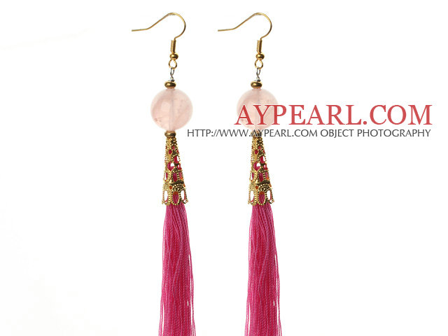 China Style Rose Quartz and Hot Pink Thread Tassel Long Dangle Earrings