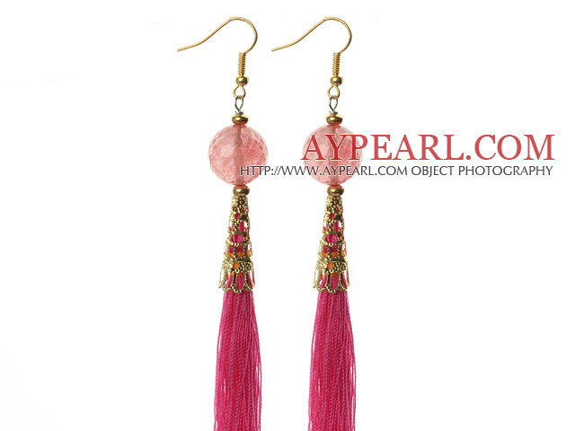 China Style Faceted Cherry Quartz and Hot Pink Thread Tassel Long Dangle Earrings