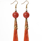 China Style Red Candy Jade and Orange Red Thread Tassel Long Dangle Earrings