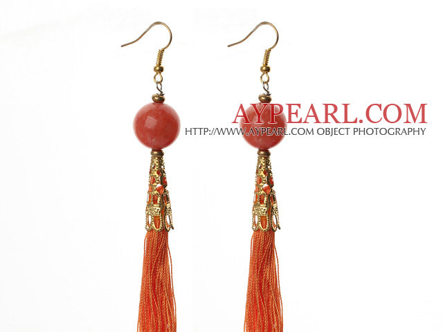 China Style Red Jade Candy et discussion Tassel Boucles d'oreilles longues Rouge Orange