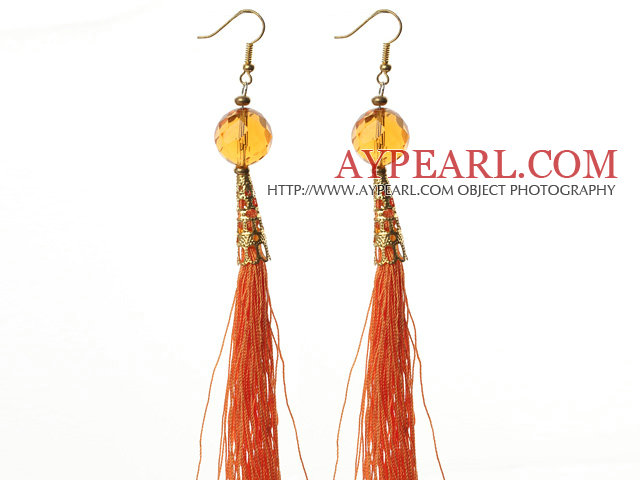 China Style Faceted Melting Citrine and Orange Red Thread Tassel Long Dangle Earrings