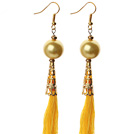 China Style Golden Color Seashell and Yellow Thread Tassel Long Dangle Earrings