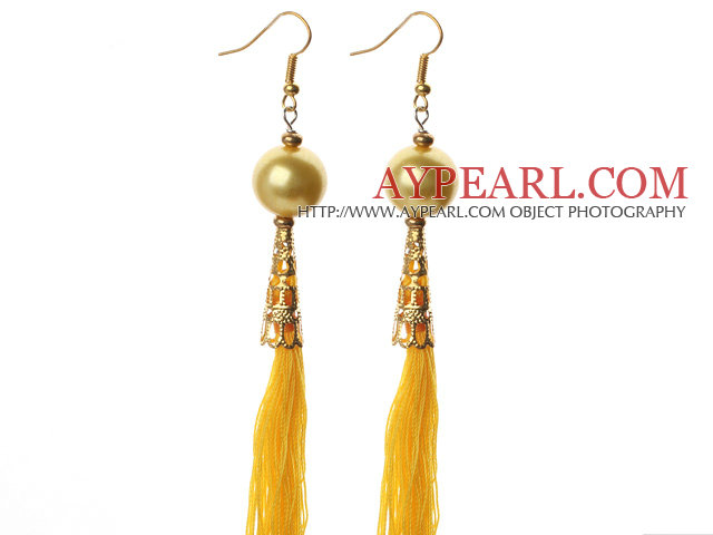 China Style Golden Color Seashell and Yellow Thread Tassel Long Dangle Earrings