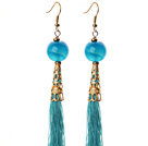 China Style Blue Agate and Blue Thread Tassel Long Dangle Earrings