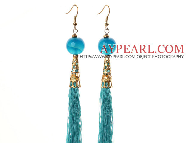 China-Art-blaue Achat und Blauen Faden Tassel Lange Ohrringe baumeln