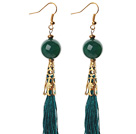 Wholesale China Style Round Green Agate and Green Thread Tassel Long Dangle Earrings