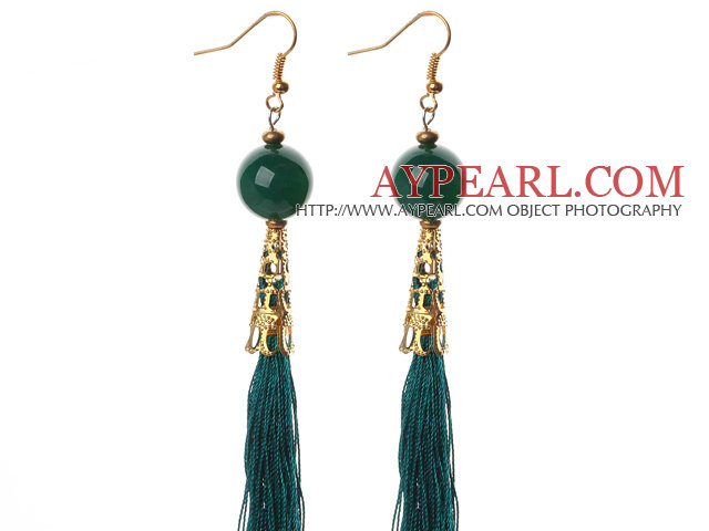 Kiina Style Round Green Akaatti ja Green ketju tupsu Long Dangle korvakorut