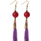 China Style Round Carnelian and Purple Thread Tassel Long Dangle Earrings