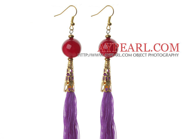 China Style Round Carnelian and Purple Thread Tassel Long Dangle Earrings