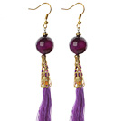 China Style Faceted Purple Agate and Purple Thread Tassel Long Dangle Earrings