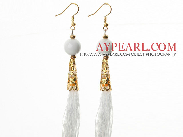 China Style White Porcelain Stone and White Thread Tassel Long Dangle Earrings