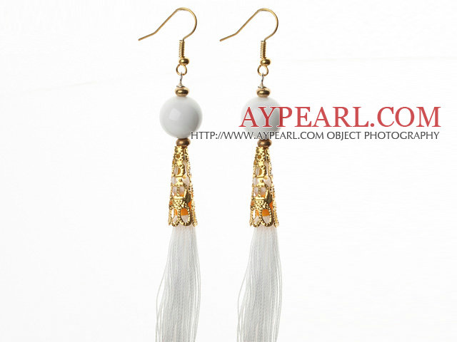 China Style Blanc Porcelaine Pierre et blanc fil gland Boucles d'oreilles longues