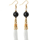 China Style Black Agate and White Thread Tassel Long Dangle Earrings