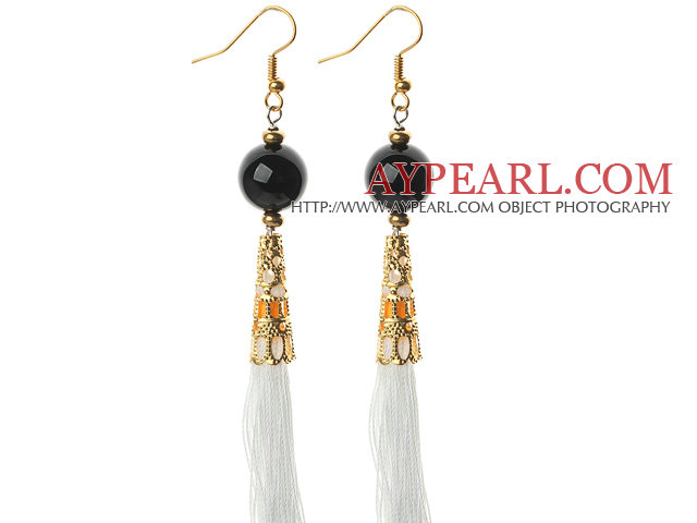 China Style Black Achat und Weiß Thema Tassel Lange Ohrringe baumeln