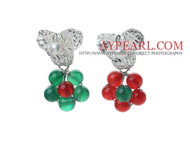 Fashion Style White Freshwater Pearl and Green Agate and Carnelian Studs Earrings