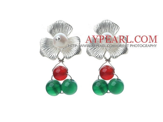 Fashion Style White Freshwater Pearl and Green Agate and Carnelian Stud Earrings