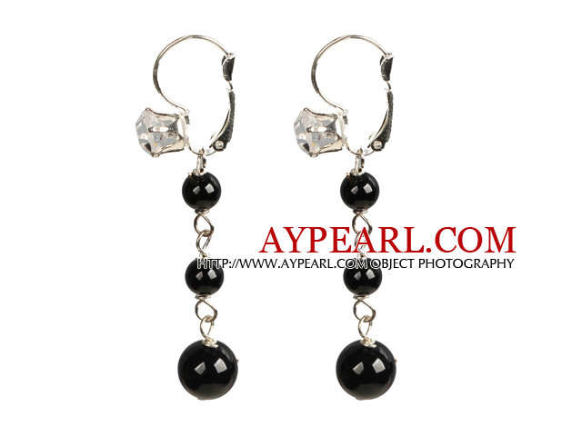 Beautiful Long Style Graduated Black Agate Beads Dangle Earrings With Rhinestone Hook
